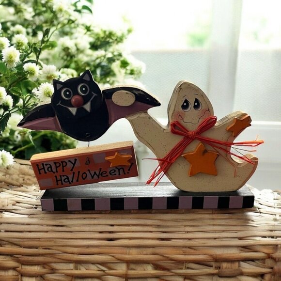 Handmade Happy Halloween Wooden Ghost & Bat Decoration - Picture 1 of 7